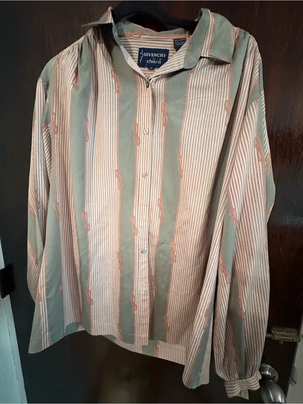 Vintage Givenchy Women’s Vertical Stripe Button-Down Shirt. Size Large.